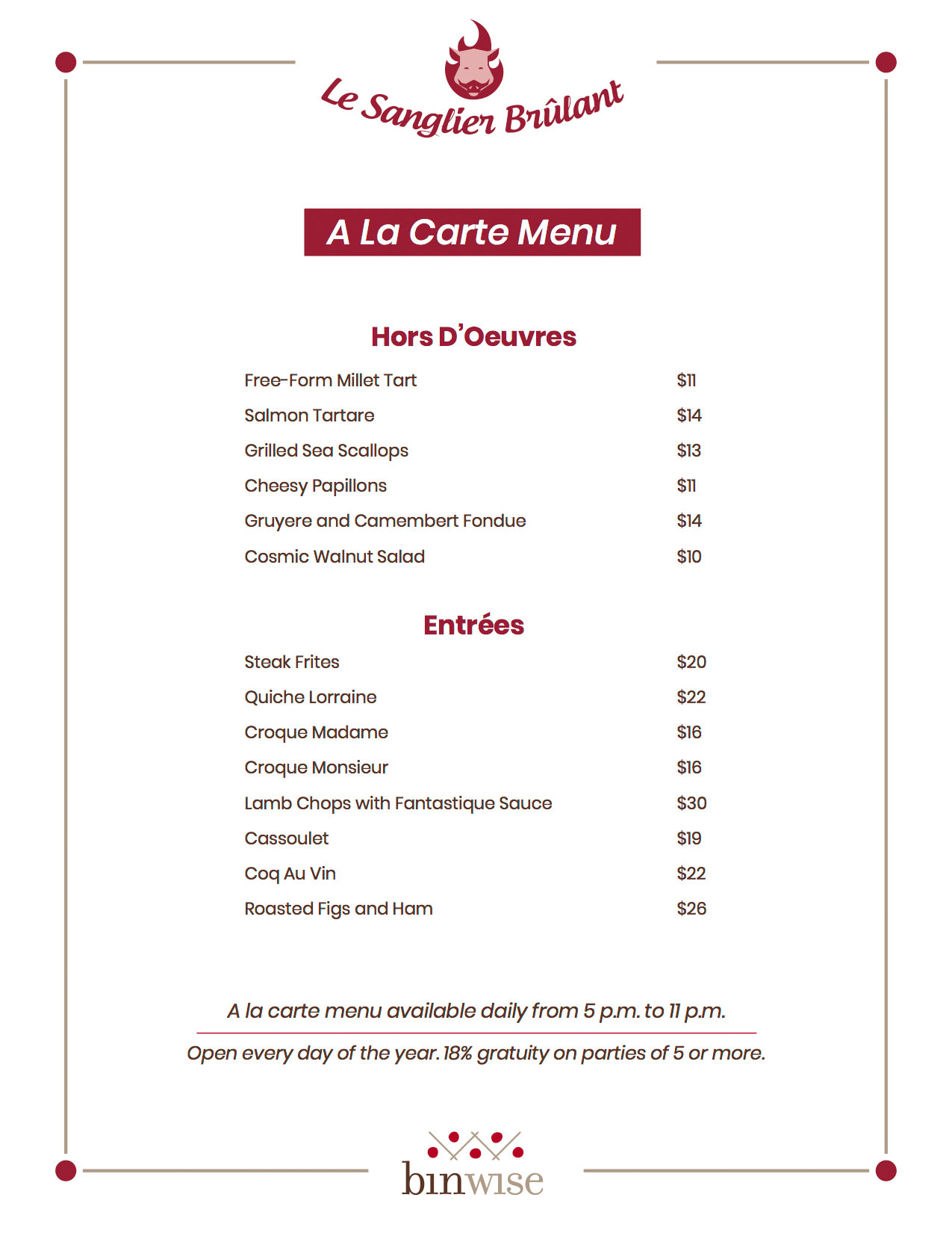 A la carte menu